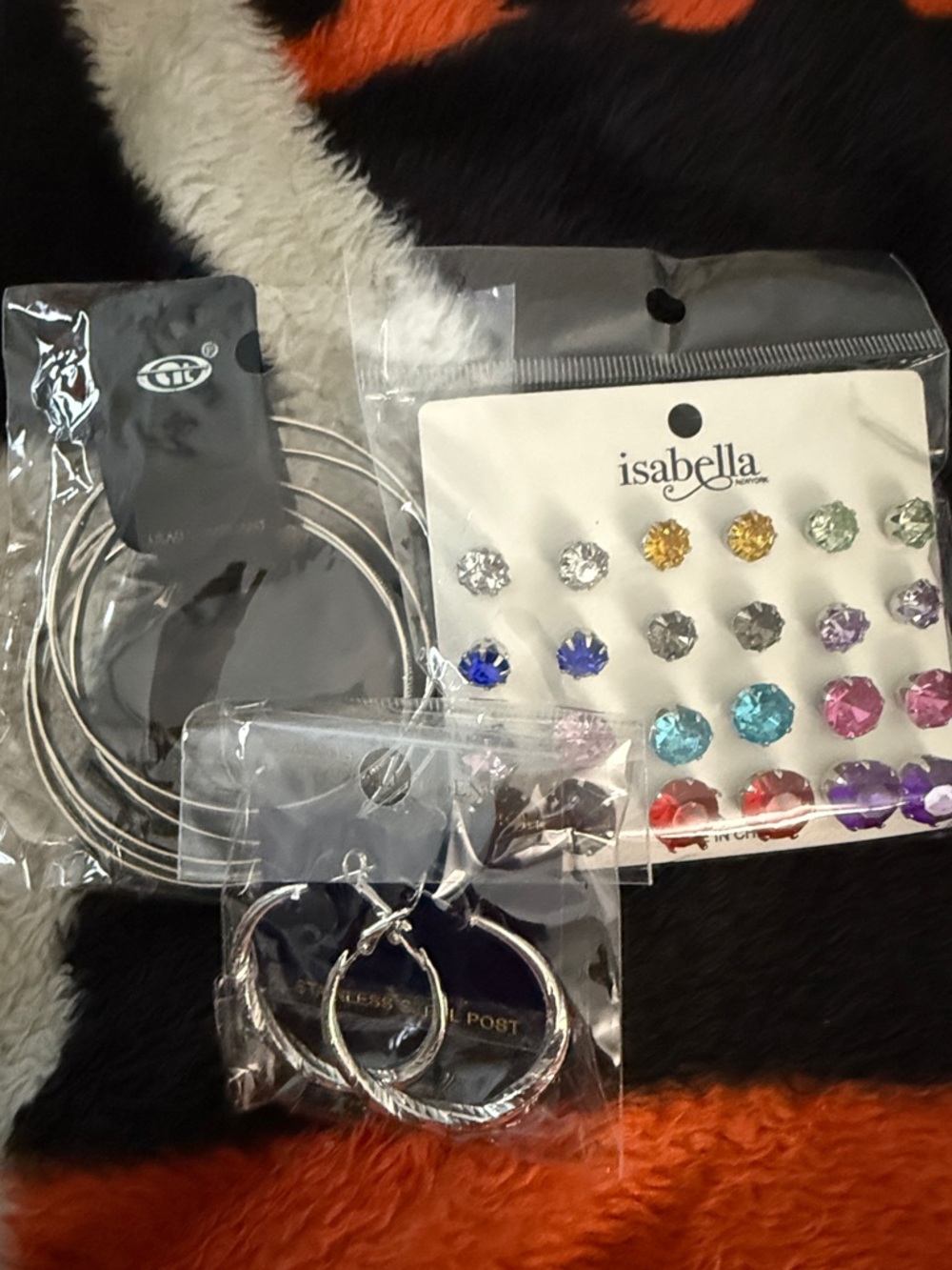 Set of 3 Jewelry Items. Multicolor Stud Earring Set and Silver Hoops & Braclets